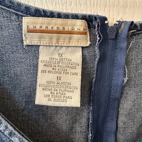 Expressions 1X 1XL VTG Y2K 90s Denim Maxi Dress Suede Leather Lace Up Slit Boho - Picture 6 of 9